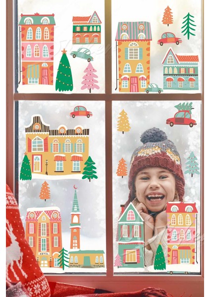 Sokaktaki Kar Sevinci Temalı Kış Konseptli Sticker Seti, Yeni Yıl Yılbaşı Süsü Sticker Seti fiyatları