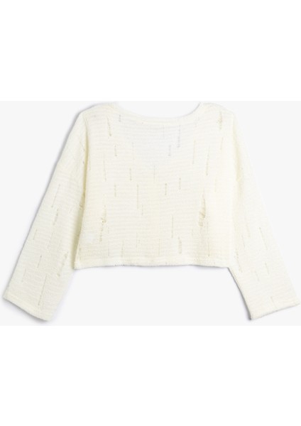 V Yaka Süveter Örgü Ajurlu Düğmeli Uzun Kollu