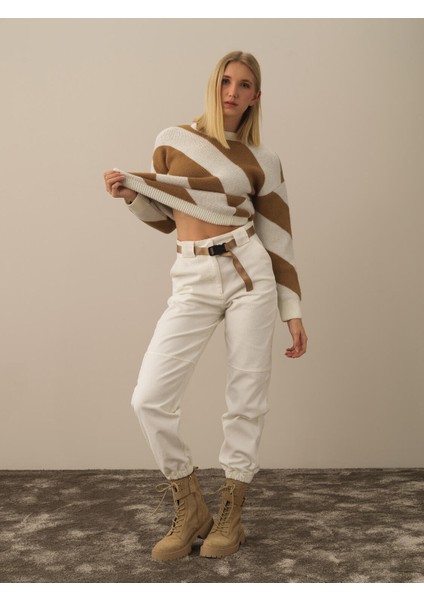 Kadın Ekru Pamuk Dokulu Regular Fit Pantolon