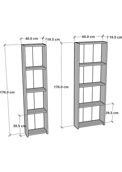 5 Raflı Kitaplık Seti Arkalıklı 3 Dar 2 Geniş Raf Kütüphane 170 cm Beyaz - Atlantik Çam