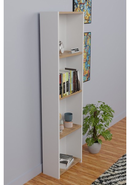 5 Raflı Kitaplık Seti Arkalıklı Dar Raf Kütüphane 170 cm Beyaz - Atlantik Çam