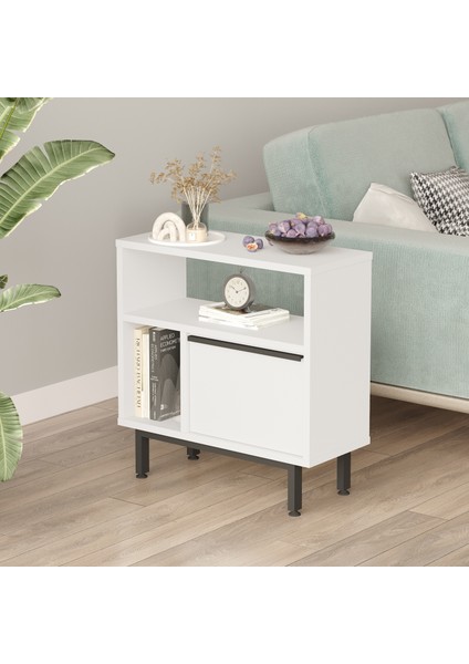 Ocean Yan Sehpa Komodin Kapaklı Metal Ayaklı Beyaz On6-W