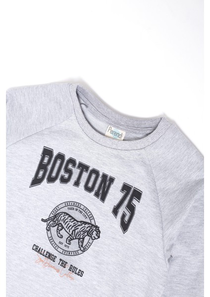 Boston Baskılı Erkek Çocuk Sweatshirt Gri Melanj