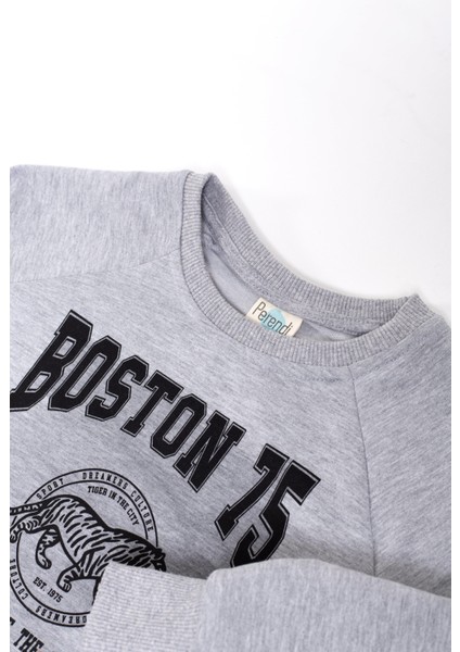 Boston Baskılı Erkek Çocuk Sweatshirt Gri Melanj