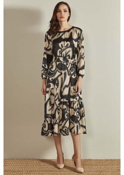 Yuvarlak Yaka Çok Renkli Baskılı Elbise