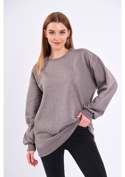 Kahve Kadın Pamuklu Oversize Basic Bisiklet Yaka Sweatshirt modelleri