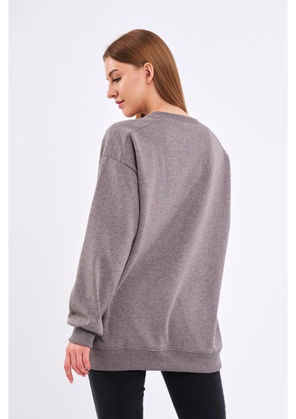 Kahve Kadın Pamuklu Oversize Basic Bisiklet Yaka Sweatshirt indirimleri