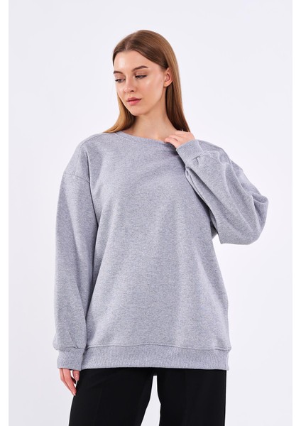 Gri Kadın Pamuklu Oversize Basic Bisiklet Yaka Sweatshirt