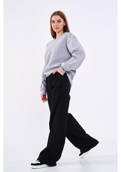 Gri Kadın Pamuklu Oversize Basic Bisiklet Yaka Sweatshirt modelleri
