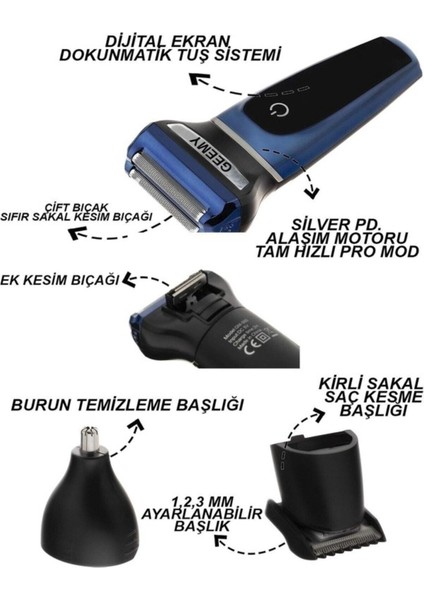 GM-565 3 Başlıklı Dijital Şarj Göstergeli Şarjlı Saç Sakal Ense Epilasyon Burun Kılı Temizleme fiyatları
