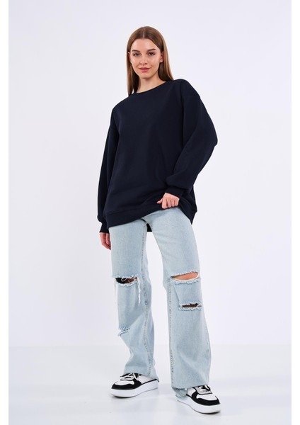 Lacivert Kadın Pamuklu Oversize Basic Bisiklet Yaka Sweatshirt