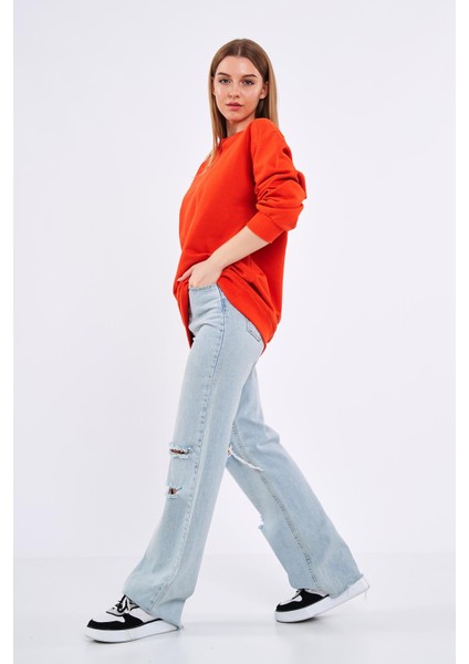 Turuncu Kadın Pamuklu Oversize Basic Bisiklet Yaka Sweatshirt modelleri