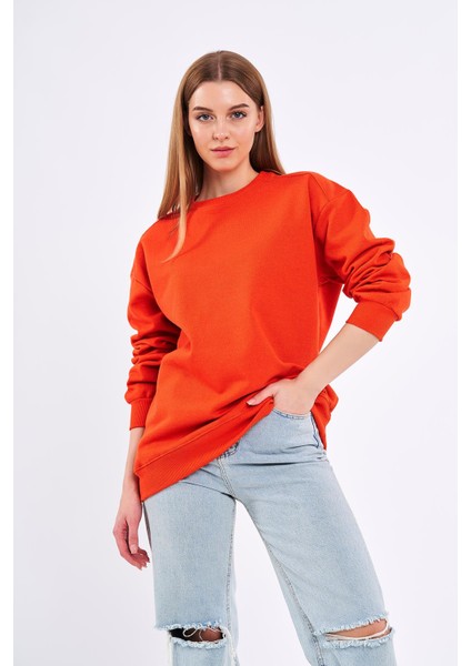 Turuncu Kadın Pamuklu Oversize Basic Bisiklet Yaka Sweatshirt fırsatları