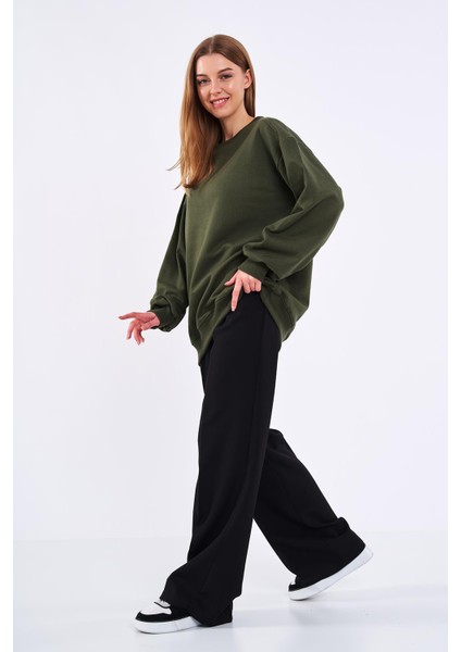 Haki Kadın Pamuklu Oversize Basic Bisiklet Yaka Sweatshirt fırsatları