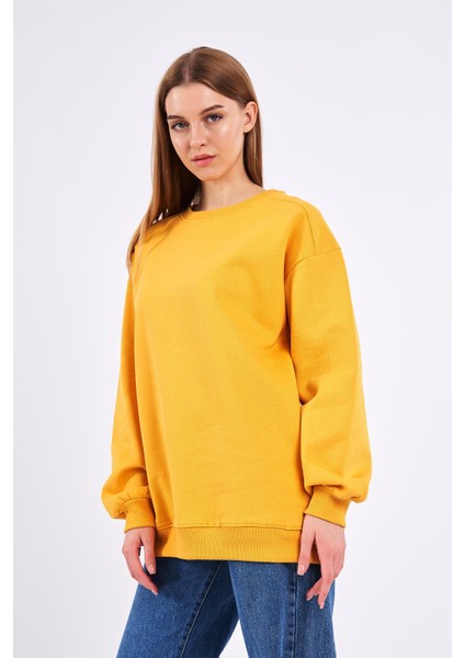 Sarı Kadın Pamuklu Oversize Basic Bisiklet Yaka Sweatshirt fırsatları