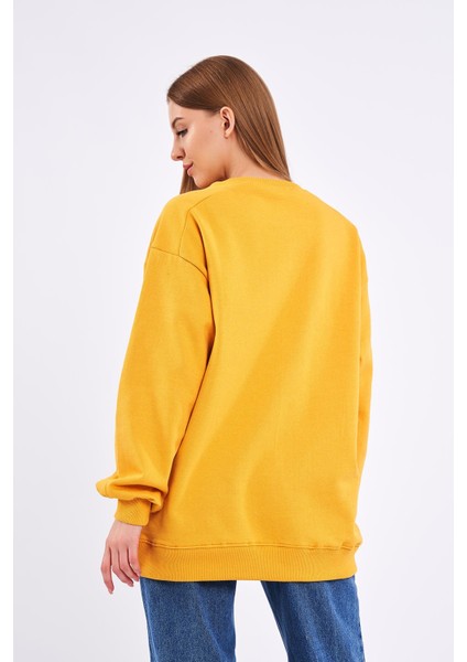 Sarı Kadın Pamuklu Oversize Basic Bisiklet Yaka Sweatshirt indirimleri