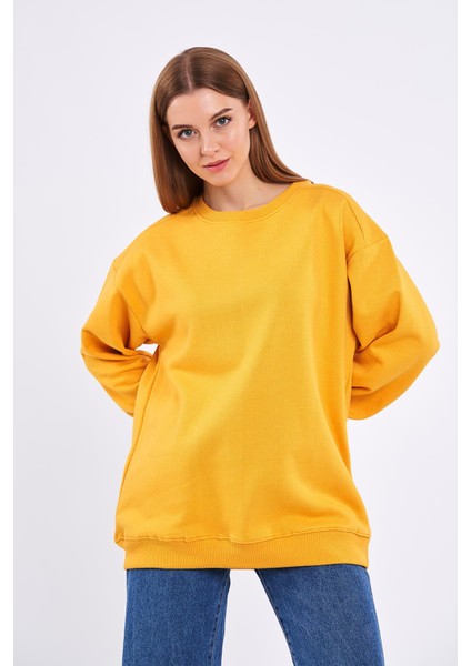 Sarı Kadın Pamuklu Oversize Basic Bisiklet Yaka Sweatshirt