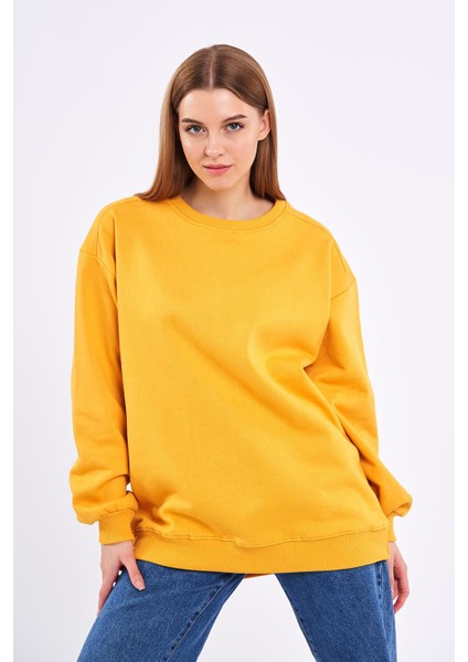 Sarı Kadın Pamuklu Oversize Basic Bisiklet Yaka Sweatshirt