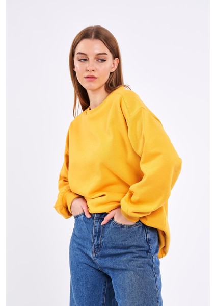 Sarı Kadın Pamuklu Oversize Basic Bisiklet Yaka Sweatshirt