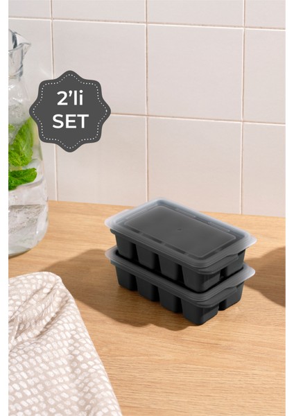 2li Şeffaf Kapaklı Buz Kalıbı 8 Bölmeli Antrasit