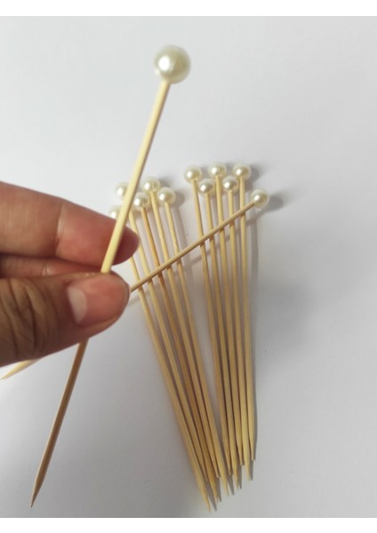 15 cm Uzun Kürdan - 30 Adet Krem Incili Pasta Kürdanı - Kokteyl Karıştırıcı - Inci 10 mm modelleri