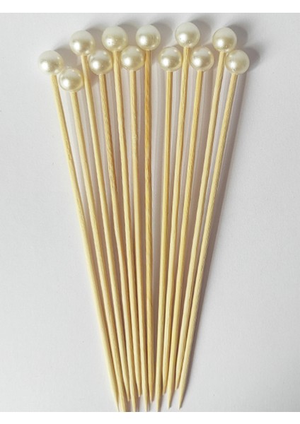 15 cm Uzun Kürdan - 30 Adet Krem Incili Pasta Kürdanı - Kokteyl Karıştırıcı - Inci 10 mm fırsatları