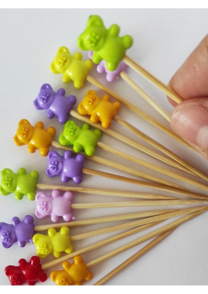 30 Adet Dekoratif Ayıcıklı Pasta Kürdanı 6 cm Karışık Renk - Ayıcık 1,5 x 1,5 cm - Hallowen Kürdan