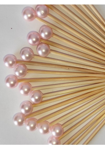 100 Adet Pembe Incili Kürdan - Kız Bebek Incili Mevlid Kürdanı 6 cm - Inci 8 mm - Baby Shower Kürdan