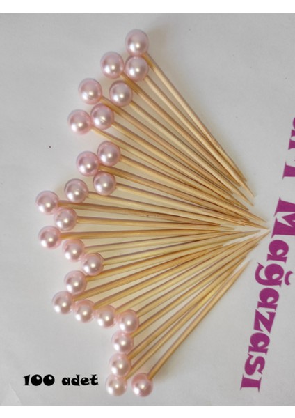 100 Adet Pembe Incili Kürdan - Kız Bebek Incili Mevlid Kürdanı 6 cm - Inci 8 mm - Baby Shower Kürdan fiyatları