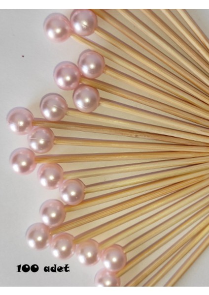 100 Adet Pembe Incili Kürdan - Kız Bebek Incili Mevlid Kürdanı 6 cm - Inci 8 mm - Baby Shower Kürdan modelleri
