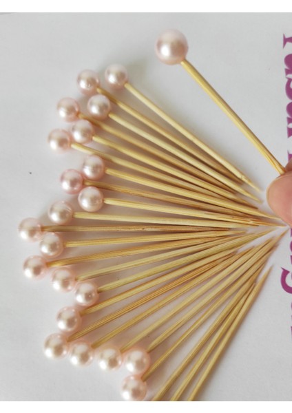 100 Adet Pembe Incili Kürdan - Kız Bebek Incili Mevlid Kürdanı 6 cm - Inci 8 mm - Baby Shower Kürdan fırsatları