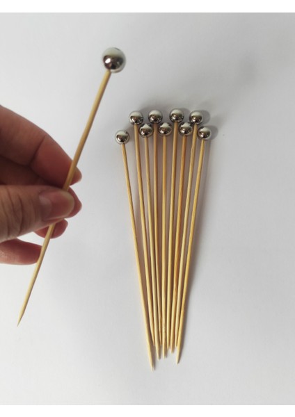 15 cm Uzun Kürdan - 30 Adet Gümüş Incili Sunum Kürdanı - Kokteyl Karıştırıcı - Inci 10 mm
