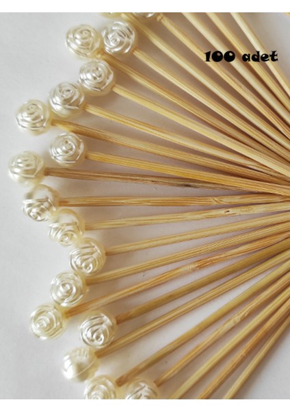 100 Adet Dekoratif Gül Incili Kürdan - Gül Incili Mevlid Kürdanı 6 cm - Inci 8 mm