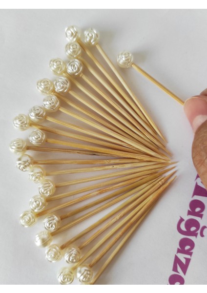 100 Adet Dekoratif Gül Incili Kürdan - Gül Incili Mevlid Kürdanı 6 cm - Inci 8 mm fiyatları
