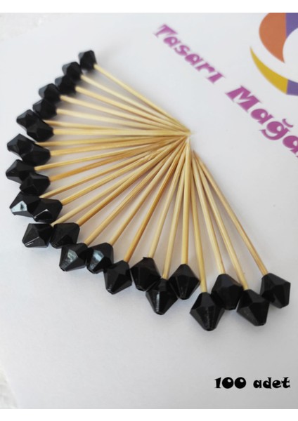 100 Adet Dekoratif Siyah Piramit Boncuklu Kokteyl Kürdanı 6 cm - Boncuk 10 mm