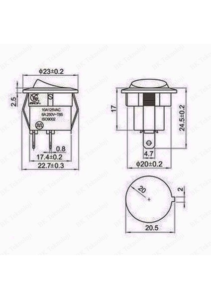 20MM Yuvarlak 2 Pin On/off Işıksız Power Anahtar 2 Adet
