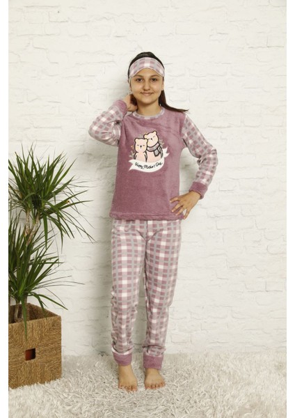 Kız Çocuk Mor Desenli Kışlık Polar Pijama Takımı 13F-20046