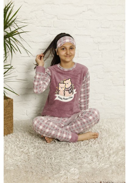 Kız Çocuk Mor Desenli Kışlık Polar Pijama Takımı 13F-20046