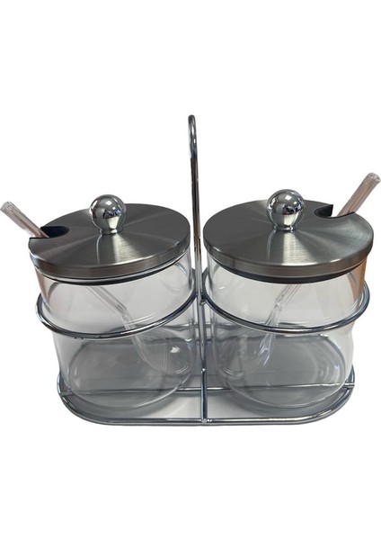 Un 555 2'li Metal Standlı Kaşıklı Cam Baharatlık