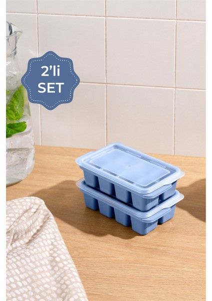 2li Şeffaf Kapaklı Buz Kalıbı 8 Bölmeli Mavi