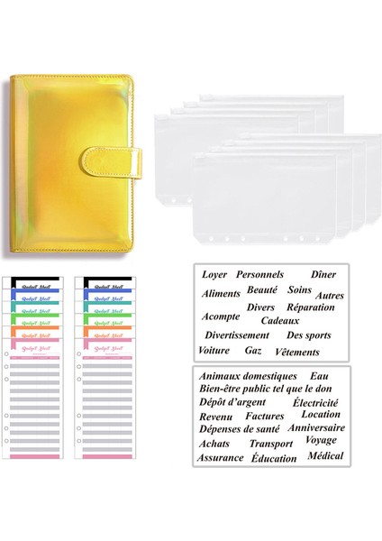 Lazer Altın A6 A6 Fransa Bütçe Bağlayıcı Lazer Deri Defter Planlayıcısı Organizatör 8 Fermuarlı Cepler 2 Adet Fransız Alfabesi Çıkartmalar Dropshipping (Yurt Dışından)
