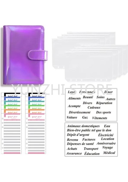 Lazer Mor A6 Pvc Bütçe Bağlayıcı Nakit Zarf Organizatör A6 Dizüstü Planlayıcısı 2 Adet Fransız Alfabesi Çıkartmalar 8 Adet Fermuarlı Cebi Dropshipping (Yurt Dışından)