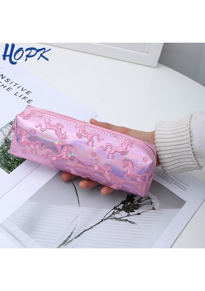 Pembe Hopk Nakış Lazer Unicorn Kalem Kutusu Okul Kalem Kutusu Makyaj Kalem Çantası Büyük Okul Malzemeleri Kırtasiye (Yurt Dışından) fiyatları
