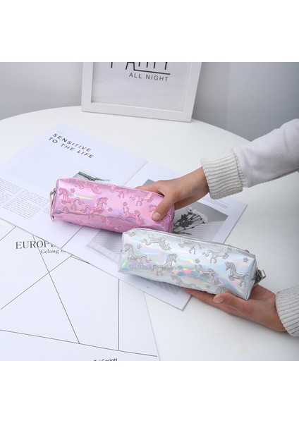 Pembe Hopk Nakış Lazer Unicorn Kalem Kutusu Okul Kalem Kutusu Makyaj Kalem Çantası Büyük Okul Malzemeleri Kırtasiye (Yurt Dışından) indirimleri