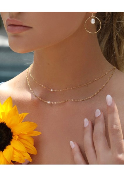 925 Ayar Gümüş Minimal Tek Inci Zincir Kolye - 14 Ayar Altın Kaplama