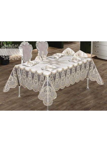 Zelal Set 12 Peçeteli Kadife Kumaş Fransız Güpürlü 25 Parça Lüks Çeyizlik & Günlük Yemek Takımı