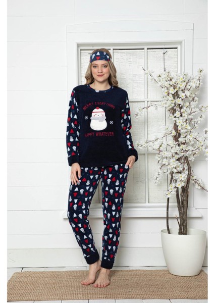 Kadın Yeniyıl Desenli Lacivert Kışlık Polar Pijama Takımı 9F-20002-1