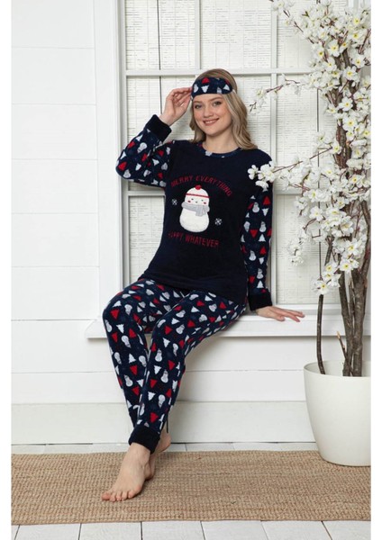 Kadın Yeniyıl Desenli Lacivert Kışlık Polar Pijama Takımı 9F-20002-1 fiyatları