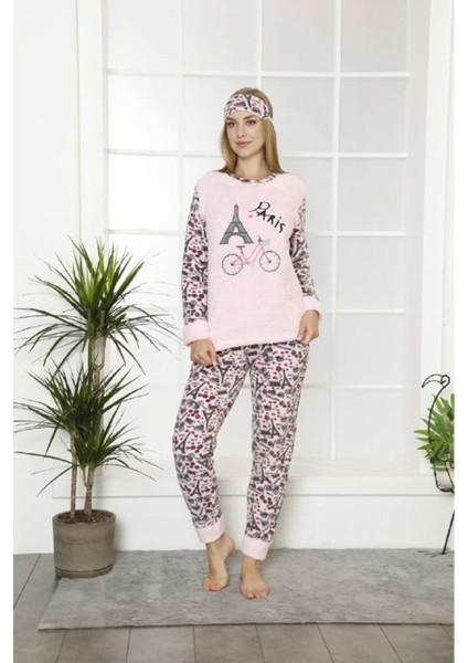 Kadın Pembe Desenli Kışlık Polar Pijama Takımı 11F-20008-1