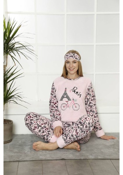 Kadın Pembe Desenli Kışlık Polar Pijama Takımı 11F-20008-1